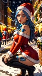 0assult0 ai_generated anime babe beautiful beautiful_females blue_eyes blue_hair buildings christmas christmas_decorations christmas_tree city city_lights crouching crouching_female fairy_tail high_boots juvia_lockser large_breasts looking_at_viewer off_shoulder off_shoulder_dress people_in_background pose santa_costume santa_girl santa_hat side_view sideboob snow snowflake stable_diffusion street tattoo tattoo_on_legs tattoo_on_shoulder witch