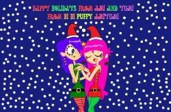 2girls ami ami_onuki cartoon_network christmas clothed female female_only hi_hi_puffy_amiyumi snow text yumi yumi_yoshimura