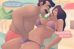 1boy 1girls bikini black_hair daddy_kink dark-skinned_male ddlg father_and_daughter female fingering incest laz_(madefromlazers) male male_focus masturbation moustache original original_character outdoors pleasure_face pool red_swimsuit smooth_skinned_male straight uncensored