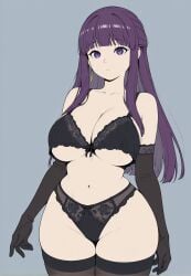 1girls ai_generated big_breasts breasts cleavage female fern_(sousou_no_frieren) flat_colors gloves lingerie purple_eyes purple_hair slim_waist standing thighhighs underboob wide_hips xenoz1