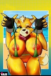 2:3 anthro areola beach big_breasts bikini bikini_top blep bodily_fluids bottomless bottomless_female breasts canid canine claws clothed clothing female fingerless_gloves fox fox_mccloud genitals gloves handwear hi_res huge_breasts ineffective_clothing kerchief mammal mtf_crossgender nintendo nipples one_eye_closed pussy rule_63 sagging_breasts skimpy smile solo star_fox string_bikini sweat swimwear tongue tongue_out two-piece_swimsuit zvar