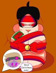 big_breasts blindfold bondage bondage christmas christmas_ribbon dispatcher_(tds) gagged gagged_female kneeling merry_christmas ribbon ribbon_bondage sweaty_body thick_thighs tied_up titus_(tds) tower_defense_simulator