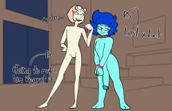 big_penis blue_skin blush cartoon_network completely_nude femdom feminine_male handcuffs huge_cock isketch_smut labradorite_(isketch_smut) large_penis leash long_penis looking_away lost_bet male/female original_character pale_skin pearl_(steven_universe) smaller_male steven_universe wrist_cuffs