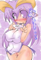 bare_shoulders blush breasts censored chinese_clothes curvy demon_girl erect_nipples female female horns huge_breasts natsumaru no_panties original panties_removed pointy_ears purple_eyes purple_hair pussy solo standing succubus translated