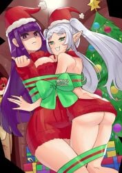 2girls ass ass_focus big_breasts breasts christmas christmas_outfit fern_(sousou_no_frieren) frieren frieren_beyond_journey's_end looking_at_viewer nervous restrained ribbon sousou_no_frieren sweatdrop thick_thighs thighs virgin_killer_sweater wanderjegson wrapped