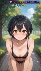 1girls ai_generated anime anime_style asian ass_visible_through_thighs bangs bare_arms bare_shoulders bent_over black_bra black_hair black_panties blue_sky blush bow_bra bow_panties bra breasts brown_eyes bush bust busty cleavage closed_mouth clothing cloud collarbone cowboy_shot crossed_bangs day female female_focus female_only grass hair_between_eyes hentai lace-trimmed_bra large_breasts leaning_forward lips looking_at_viewer marvel marvel_comics marvel_rivals mole natsuyoru navel nose_blush outdoors panties pantsu peni_parker peni_parker_(marvel_rivals) short_hair sky smile solo solo_female stomach sweat thigh_gap thighs tree underwear underwear_only voluptuous voluptuous_female wet