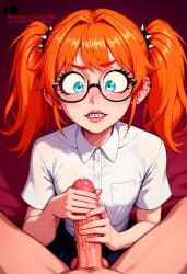 2boys ai_generated blush braces embarrassed faceless_male femboy flat_chested glasses handjob ilfb looking_at_partner looking_at_penis looking_down male orange_eyes orange_hair petite petite_body school_uniform shy trap twintails