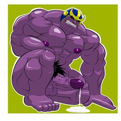 abs balls bara barefoot crouching feet male male_only marvel muscles muscular pecs penis precum pubes pubic_hair semi solo thanos yaoi