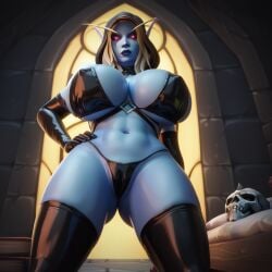 ai_generated bikini bimbo black_latex blood_elf cameltoe elf_female hand_on_hip latex looking_at_viewer massive_breasts perfect_body pointy_ears stable_diffusion swimsuit sylvanas_windrunner warcraft world_of_warcraft