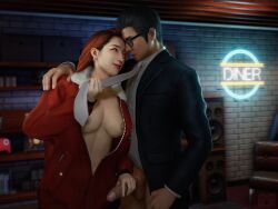 age_difference akame_(ryuu_ga_gotoku) cleavage eye_contact hand_on_shoulder kiryu_kazuma no_pants pulling_clothing pulling_tie red_hair ryuu_ga_gotoku smirk tie touching_penis unzipped_jacket