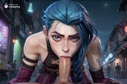 1boy 1boy1girl 1girls :>= ai_generated arcane bare_shoulders blowjob blue_eyes blue_hair braid breasts detached_sleeves fellatio hi_res jinx_(league_of_legends) league_of_legends long_hair looking_at_viewer male_pubic_hair multiple_boys netflix night oral outdoors pants penis pov pubic_hair r34arts riot_games solo_focus straight striped_clothes striped_pants tattoo twin_braids uncensored veins veiny_penis