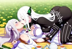 2girls ai_generated big_ass big_breasts big_butt blush blushing_female blushing_profusely breast_grab breast_squeeze breath bubble_ass bubble_butt cleavage deep_cleavage echidna_(re:zero) emilia_(re:zero) face_between_breasts face_in_breasts female female_only groping groping_breasts huge_ass huge_breasts image_set kissing large_breasts licking massive_breasts moaning motorboating narrow_waist open_mouth picnic re:zero_kara_hajimeru_isekai_seikatsu self_upload tea tea_party teacup thick_thighs tongue wide_hips yeetyboi5000 yuri yuri