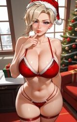 ai_generated blonde_hair blue_eyes christmas christmas_clothing christmas_headwear christmas_outfit christmas_tree finger_to_mouth large_ass large_breasts mercy_(overwatch) overwatch sugyx wide_hips