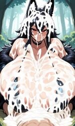 ai_generated animal_ears bikini black_hair breasts_bigger_than_head bunny_ears cat_ears cum cum_drip cum_everywhere cum_explosion cum_on_body cum_on_breasts cum_on_face engulfing_paizuri enormous_breasts fox_ears ftggtgg fur gigantic_breasts huge_breasts hyper large_breasts massive_breasts paizuri red_eyes wolf_ears