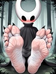 black_body black_toenails feet feet_focus foot_fetish forest_background fuealahomg hollow_knight hornet_(hollow_knight) insects muscles pink_soles shy soles spread_legs spread_toes toenails toes wrinkled_feet wrinkled_soles