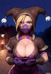 ai_generated blonde_hair blue_eyes bodysuit cleavage cleavage_cutout gloves jester_hat timesplitters