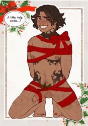 androgynous blush body_hair bondage christmas cock dark_skin ear_piercing happy_trail mistletoe mistletoe_above_penis nipple_piercing on_knees overwatch_2 precum precum_drip pubic_hair ribbon_bondage short_hair sloan_cameron smile tattoos venture