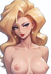 1girls ai_generated blonde_hair breasts brown_eyes collarbone earrings eyeshadow female golden_boy jewelry long_hair looking_at_viewer madame_president makeup mature_female nipples nude onna_shachou red_lips simple_background solo upper_body white_background xiiirockiiix