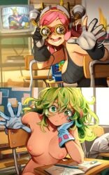 2girls 2koma all_might big_breasts blue_gloves blush boku_no_hero_academia breasts breasts_out casual classroom clueless completely_nude completely_nude_female exposed_torso female female_focus footwear functionally_nude functionally_nude_female glitchy gloves goggles green_eyes green_hair hagakure_tooru hagakure_tooru_(visible) handwear handwear_and_footwear_only hatsume_mei high_resolution hips human khyleri leaning_on_hand mei_hatsume my_hero_academia naked_gloves nipples notebook nude nude_female nudist pale_skin pencil pervert pervert_female pink_hair pink_nipples public public_indecency public_nudity sitting sweatdrop teenage_girl teenager thighs tooru_hagakure tooru_hagakure_(visible) toshinori_yagi waist young young_female