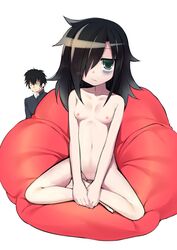 bags_under_eyes bean_bag black_hair blush breasts brother_and_sister female green_eyes hair_over_one_eye kamitsurugi_ouka kuroki_tomoki kuroki_tomoko long_hair male navel nude pussy siblings vulva watashi_ga_motenai_no_wa_dou_kangaetemo_omaera_ga_warui!