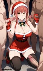 ai_generated belt chainsaw_man christmas christmas_clothing christmas_hat christmas_headwear christmas_outfit dress gangbang gloves handjob hat hi_res high_heels large_breasts looking_at_viewer makima_(chainsaw_man) multiple_boys multiple_penises muscular_male orange_hair outcyli731 slut slutty_pose thighhighs yellow_eyes