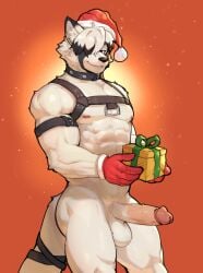 anthro balls canid canine canis christmas christmas_clothing christmas_headwear clothing erection genitals gift gloves handwear harness hat headgear headwear hi_res holidays jrjresq male mammal mihoyo nude penis santa_hat solo von_lycaon wolf zenless_zone_zero