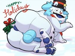 2024 4:3 anthro balls bear belly big_belly christmas clothing english_text genitals hat headgear headwear hi_res holidays kemono leothelionel male mammal overweight overweight_male penis simple_background solo text white_background white_body