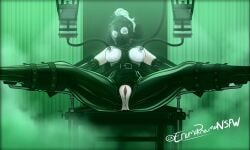 bondage bondage_gear breast_sucking enumapneumansfw gag gagged gasmask green_hair latex legs_apart looking_at_viewer milking_machine open_mouth_gag spread_legs tied_to_chair