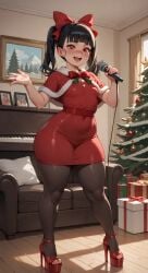 1girls ai_generated big_hips blush christmas curvy curvy_body curvy_female curvy_figure happy hi_res high_heels highres indoors leggings looking_at_viewer platform_heels red_dress side_view singing smile sweat sweatdrop synthneon thick_thighs twintails wide_hips