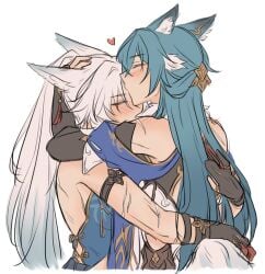 2girls feixiao_(honkai:_star_rail) fox_ears hair_ornament heart honkai:_star_rail honkai_(series) hugging kissing kissing_forehead scars teal_hair white_hair yukong_(honkai:_star_rail) yurenn yuri