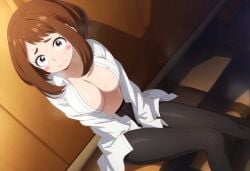 1girls ai_generated breasts my_hero_academia nervous_smile ochako_uraraka pantyhose shirt_open sitting solo