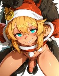 1boy ai_generated anal_sex bite blonde_hair blue_eyes blush bridget canine cum cumming doggy_style femboy foreskin gay_sex guilty_gear oerba_yun_fang santa_costume santa_hat smug testicles zoophilia