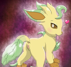 ass canine eeveelution female feral fur inochi leafeon looking_at_viewer mammal nintendo pokemon presenting pussy smile tongue video_games