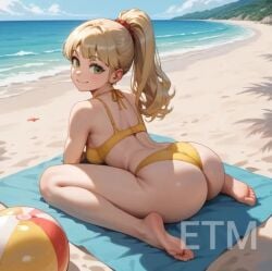 ai_generated ass ass_focus beach beach_background blonde_female blonde_hair feet female female_focus female_only green_eyes looking_at_viewer looking_back sitting sitting_on_towel soles toes yellow_bikini yellow_panties yellow_top young younger_female