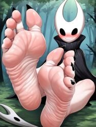 ai_generated black_body black_toenails feet feet_focus foot_fetish forest_background fuealahomg hollow_knight hornet_(hollow_knight) insects muscles pink_soles shy soles spread_legs spread_toes toenails toes wrinkled_feet wrinkled_soles