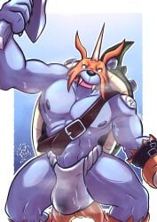 2025 abs anthro asian_clothing bandai_namco belt_buckle big_muscles blue_eyes bodily_fluids buckle bulge claws clothed clothing digimon digimon_(species) digital_drawing_(artwork) digital_media_(artwork) east_asian_clothing embarrassed fluxiled_(artist) fundoshi genitals hair hammer holding_object holding_weapon japanese_clothing male melee_weapon muscular muscular_male musk musk_cloud nipples open_mouth orange_hair pecs raised_arm shell simple_background solo standing straps sweat tail tools translucent translucent_clothing tusks underwear underwear_only weapon wet wet_clothing wet_underwear zudomon