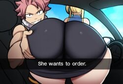 1boy ass ass_grab big_ass car car_interior duo fairy_tail female grin he_wants_to_order huge_ass looking_at_viewer lucy_heartfilia meme mullon natsu_dragneel straight that_ass_was_fat