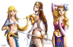 ancestor_and_descendant artist_signature ass blonde_hair blue_eyes brown_hair elf_ears english_text harp holding_rapier hourglass_figure jewelry long_blonde_hair long_brown_hair long_hair looking_at_viewer looking_back_at_viewer medium_breasts mistressainley nintendo ocarina_of_time ocarina_of_time_(instrument) princess_zelda rapier sailcloth sideboob square_crossover sword text the_legend_of_zelda the_legend_of_zelda:_ocarina_of_time the_legend_of_zelda:_skyward_sword the_legend_of_zelda:_twilight_princess thong tiara triforce triforce_earrings twilight_princess zelda_(ocarina_of_time) zelda_(skyward_sword) zelda_(twilight_princess)