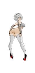 ass asshole blue_eyes bottomless colored drawing fishnet_armwear grey_hair high_heels nier:_automata short_hair sketch spreading stiletto_heels thighhighs undressed white_hair yorha_2b