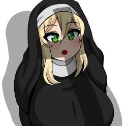 1girls blonde_hair blush cross female funny green_eyes huge_breasts humor long_hair nun nun_(the_only_shoe) open_mouth original sexually_suggestive shadow simple_background solo the_only_shoe white_background