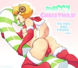 2024 2_horns 5_fingers anthro armwear ass balls balls_outline big_butt blonde_hair bovid bra bulge candy candy_cane caprine christmas christmas_clothing christmas_headwear clothing curled_horn dessert detailed_bulge elbow_gloves femboy fingers food genital_outline genitals gloves goat hair handwear hat headgear headwear holding_object holidays horn keiran_tracey looking_at_viewer looking_back male mammal panties penis penis_outline pink_nose red_balls red_bra red_clothing red_gloves red_handwear red_panties red_underwear santa_hat small_balls small_penis smile solo thick_thighs tokifuji tongue tongue_out underwear white_bra white_clothing white_underwear