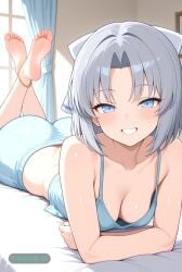 1girl ai_assisted ai_generated anklet bare_shoulders barefeet bedroom blue_eyes cleavage curvy_body detailed_feet eyes_half_closed feet_up grey_hair grin looking_at_viewer narrow_waist petite prone_position round_ass small_breasts soft_breasts the_pose tired white_hair_bow wide_hips yumi