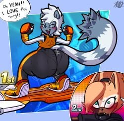 2d_(artwork) 2girls artist_signature ass ass_bigger_than_head ass_bigger_than_torso ass_clapping ass_focus blush blush_lines blushing butt butt_focus clapping_cheeks extreme_gear female female_only furry gay hips hips_wider_than_shoulders lemur lemur_girl lesbian_flag meryo_2 nosebleed pantylines sonic_(series) sonic_racing_crossworlds tangle_the_lemur text text_bubble twerking whisper_the_wolf wolf_girl