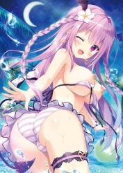 1girl ameto_yuki ass bat_wings beach bikini bikini_bottom bikini_top blue_sky blush braided_hair breasts cameltoe demon_tail devil_tail exposed_breasts flower flower_hair_ornament frilled_bikini frills hair_ornament highres large_breasts looking_at_viewer nipples open_bikini open_bikini_top original palm_leaf palm_tree purple_hair sea side_braids small_but_busty tail tied_hair wardrobe_malfunction wings wings_on_head wink winking_at_viewer