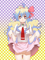 +_+ 1girls big_breasts bow breasts checkered checkered_background female female_pubic_hair hair hairband hairbow multicolored_hair necktie nia_teppelin no_panties pubic_hair pussy skirt skirt_lift smile solo tengen_toppa_gurren_lagann two_tone_hair very_long_hair yukimitsuki