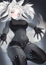 1girl animal_ears bangs belt black_gloves blush breasts covered_navel denim_shorts dya_rikku_(vtuber) fingerless_gloves fox_ears fox_tail gloves grey_eyes indie_virtual_youtuber jacket large_breasts long_hair looking_at_viewer navel pantyhose short_shorts shorts silver_eyes silver_hair smile solo tail thighhighs thighs two_side_up virtual_youtuber vyugen white_hair wolf_ears wolf_tail