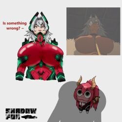 1girl 1girls armor artist_name artist_signature augmentation big_boobs big_breasts bigger_female black_armor black_eyebrows bodysuit boobs breasts chibi closed_mouth clothed clothed_female curvy cyborg cyborg_girl dark-skinned_female dark_skin dragon dragon_horns dragon_wings english english_text eyebrows_raised eyeliner eyepatch feral gecko_(zentreya) ghislaine_dedoldia head_gear headgear headwear horns image jobless_reincarnation latex latex_clothing light-skinned_female light_skin lines lizard long_hair looking_at_viewer looking_down looking_up looming looming_over mascot meme mole mouth_closed muscular_female mushoku_tensei oblivious oblivious_sexualization outfit pink_lips pov raised_eyebrows red_bodysuit red_eyeliner red_hair red_outfit red_skin red_suit red_text reference_image shadow shadowfox short_hair simple_background size_difference skin_tight_suit skintight skintight_bodysuit skintight_suit smile smiling socks_agency standing suit talking talking_to_viewer tall_female tied_hair unknown_gender virtual_youtuber voluptuous vtuber white_background white_hair wings wolf_girl yellow_eyes zentreya zentreya_(cyborg)