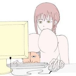 1girls braid breast_sucking chainsaw_man eyebrows eyebrows_visible_through_hair eyelashes female female_focus flat_colors keyboard light-skinned_female light_skin makima_(chainsaw_man) monitor mouse_(computer) pochita_(chainsaw_man) red_hair sucking_breasts_meme sucking_own_breasts white_background yellow_eyes