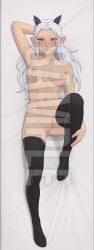 1girls ai_generated armpits arms_up blush breasts dakimakura embarrassed female full_body hi_res high_resolution highres lying lying_on_back naked nipples patreon purple_hair pussy rayla_(the_dragon_prince) sleeplessnighty solo solo_focus tagme the_dragon_prince thighhighs watermark white_hair