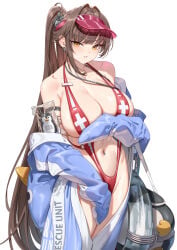 1girls amber_eyes artist_request beauty_mark belly_button belly_button_piercing big_breasts bikini blush breasts brown_hair female female_only goddess_of_victory:_nikke hat hi_res lips long_hair looking_at_viewer marciana_(marine_study)_(nikke) marciana_(nikke) mole navel navel_piercing onesie pale-skinned_female pale_skin ponytail pool_toy pool_tube sideboob sling_bikini slingshot_swimsuit tagme teeth thick_thighs thighs tight_clothing white_background